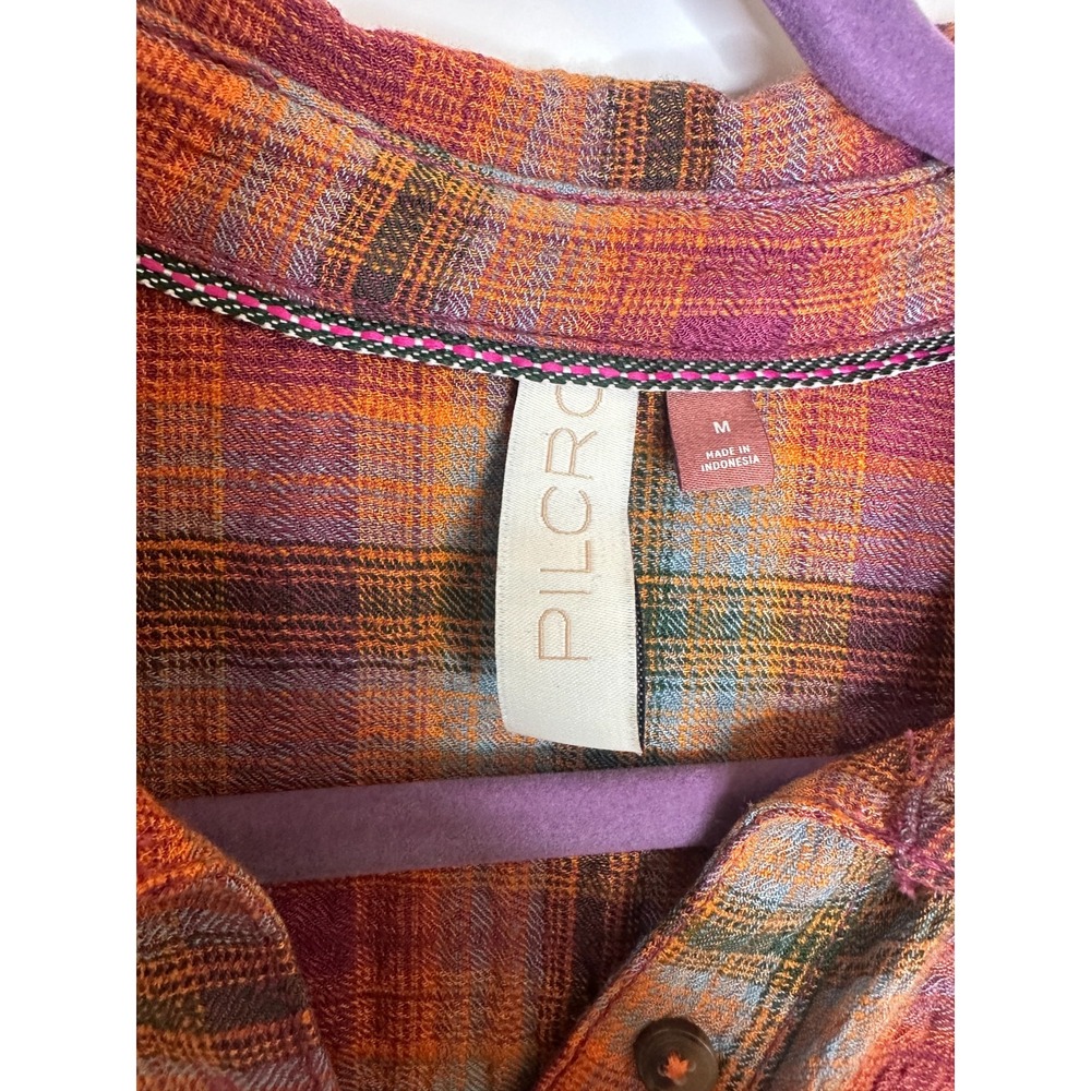 Pilcro Plaid Button Down Shirt Medium Long Sleeve Pockets Orange Purple Anthro - Picture 8 of 13